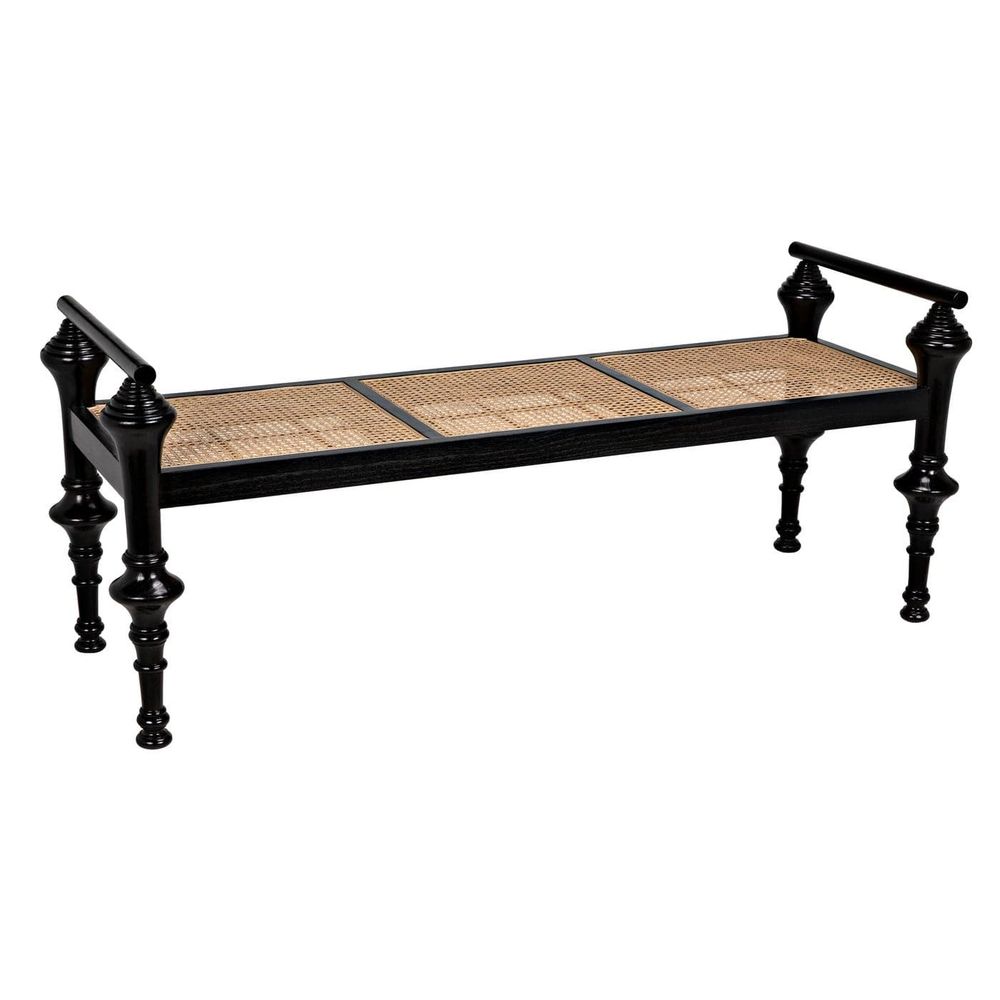 Alternate view of Indochine Bench, featuring glossy lacquer, wood, cane, and fixed cylindrical armrests.