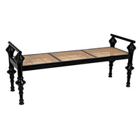Alternate view of Indochine Bench, featuring glossy lacquer, wood, cane, and fixed cylindrical armrests.