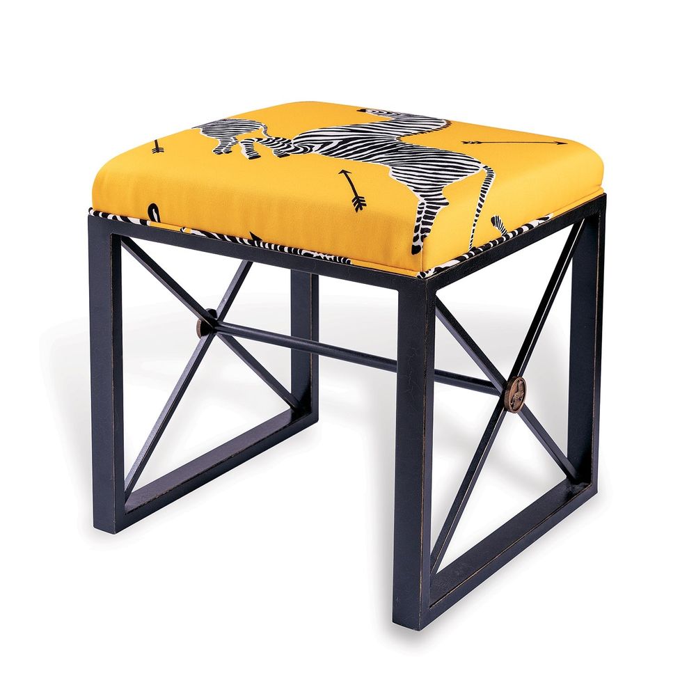 Medallion Single Bench, shown in yellow and black with polyester fabric, metal, and fixed open metal x-frame base.