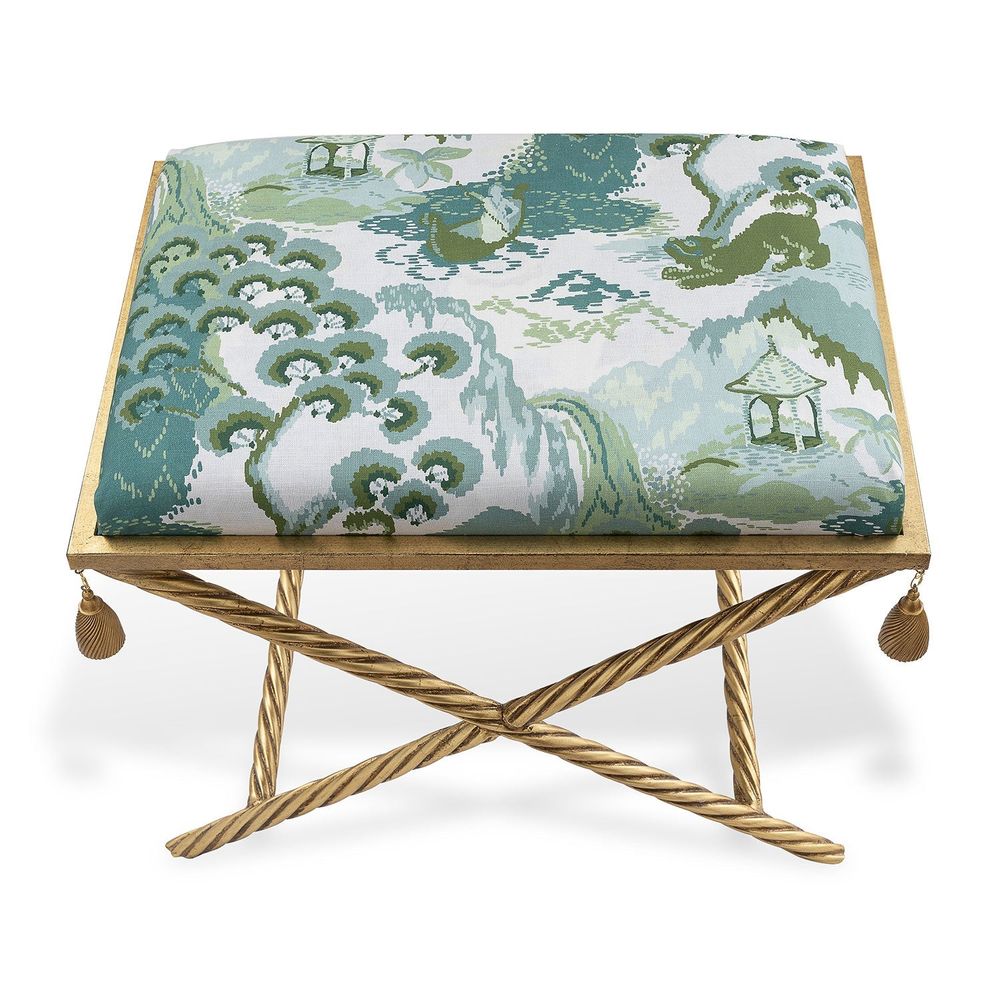 Alternate view of Delfern Gold Bench, featuring gilded finish, metal, fabric, and fixed x-base frame.