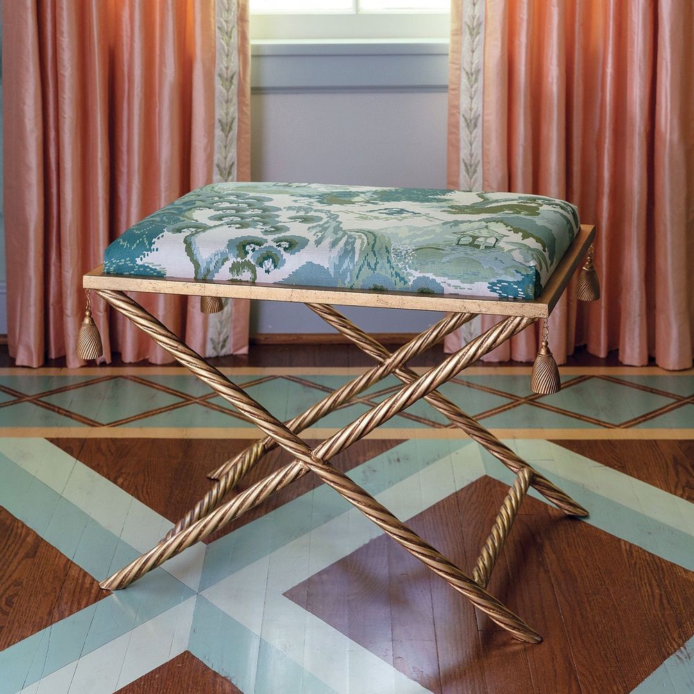 Additional view of Delfern Gold Bench in gold and teal, featuring gilded finish and fixed x-base frame.