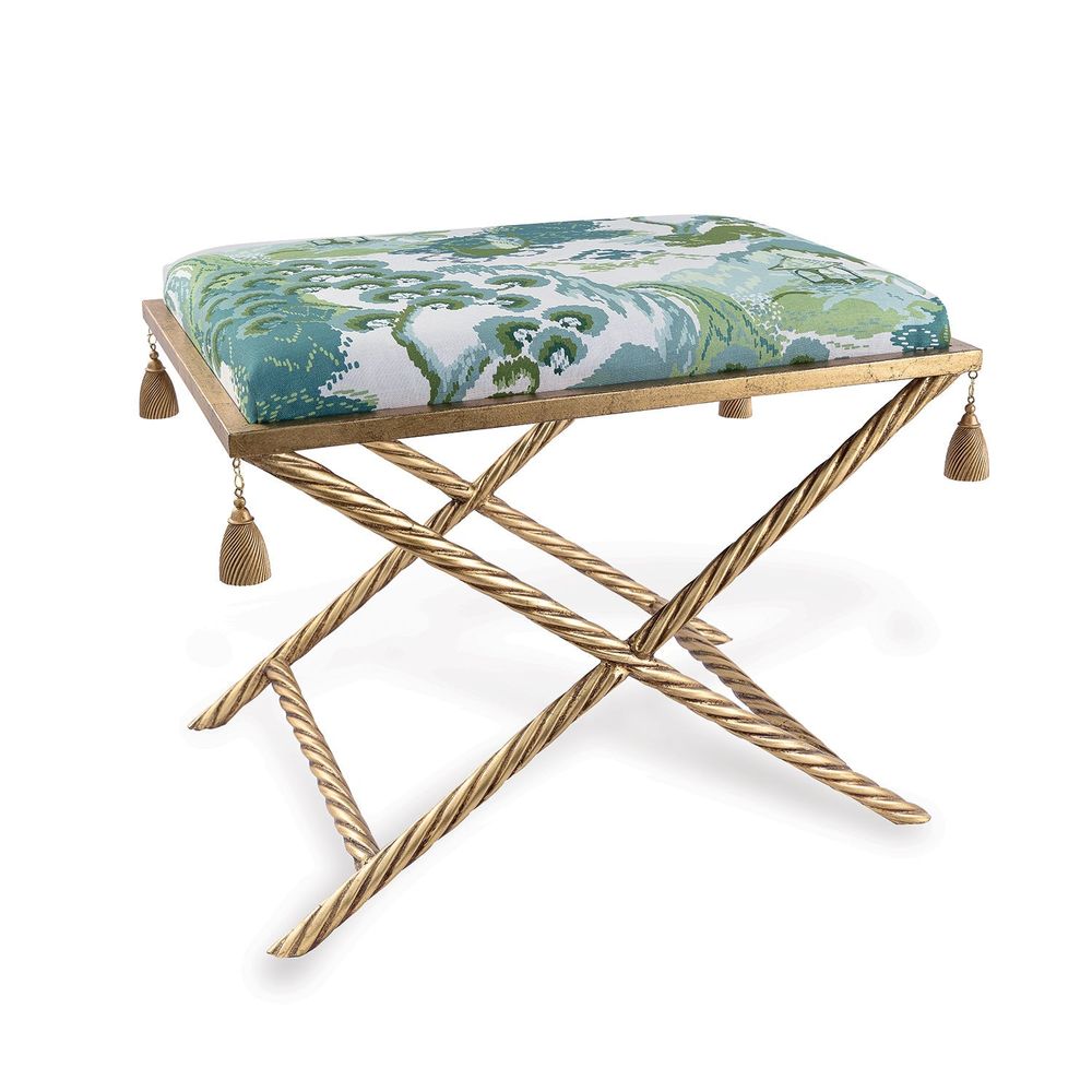 Delfern Gold Bench, shown in gold and teal with metal, fabric, and fixed x-base frame.
