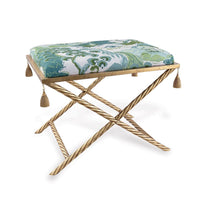 Delfern Gold Bench, shown in gold and teal with metal, fabric, and fixed x-base frame.