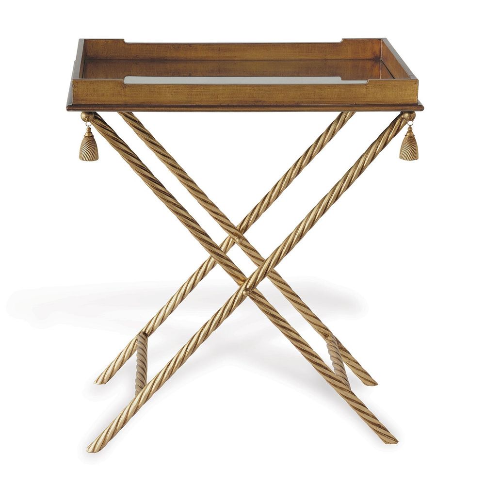 Alternate view of Delfern Bar & Tray in gold and antique brass with rectangular tray atop crossed X-frame folding stand.