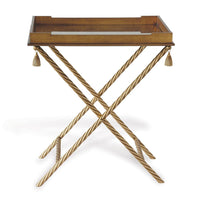 Alternate view of Delfern Bar & Tray in gold and antique brass with rectangular tray atop crossed X-frame folding stand.
