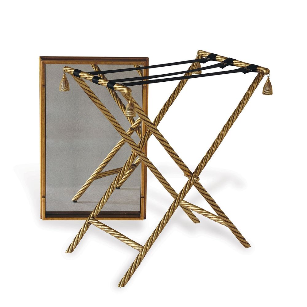 Additional view of Delfern Bar & Tray, showing rectangular tray atop crossed X-frame folding stand in gold and antique brass.