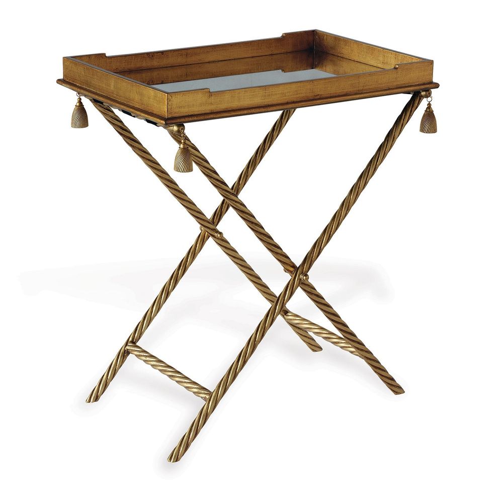 Delfern Bar & Tray, shown in gold and antique brass with metal and mirror glass.