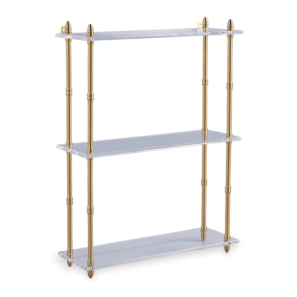 Carmel 24" Shelf, shown in clear and brass gold with acrylic, brass, and wall-mounting hardware.