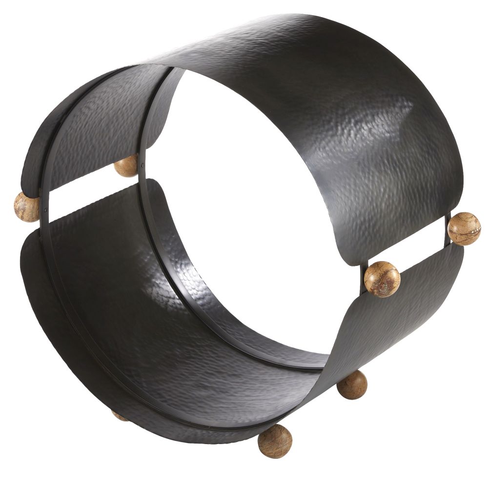 Westhaven Log Holder, shown in black and charcoal with hammered metal, wood, and open circular log storage cavity.