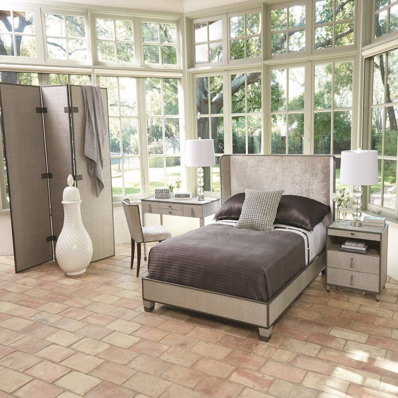 Alternate view of Argento Bed, featuring metallic edge banding, upholstery fabric, wood, and a integrated platform base.