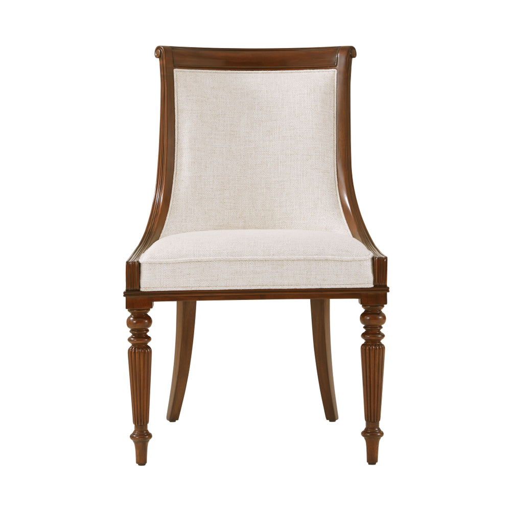 Floris Side Chair, shown in dark walnut brown and ivory cream with hardwood, woven fabric, and armless.