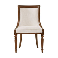 Floris Side Chair, shown in dark walnut brown and ivory cream with hardwood, woven fabric, and armless.