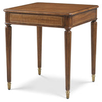 Whilton Side Table, shown in warm medium brown and golden walnut with figured walnut wood, brass, and fixed four-leg base.