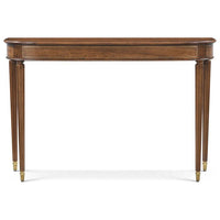 Whilton Console, shown in warm medium brown and walnut brown with figured walnut wood and brass.