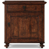 Oliver Bedside Table, shown in dark brown and rich oak brown with oak wood, metal, and single top drawer.