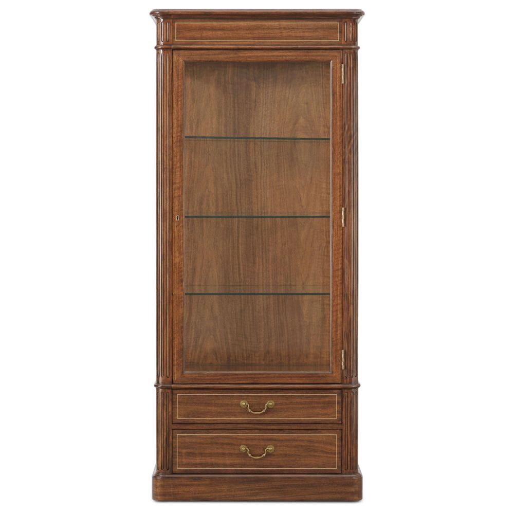 Harpole Display Cabinet, shown in warm walnut brown and medium amber-brown with figured walnut wood and glass.