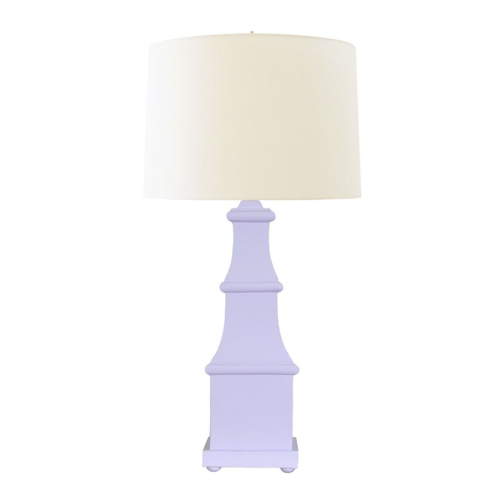 Allegra, shown in lavender and cream with tole metal, fabric, and a table lamp base.