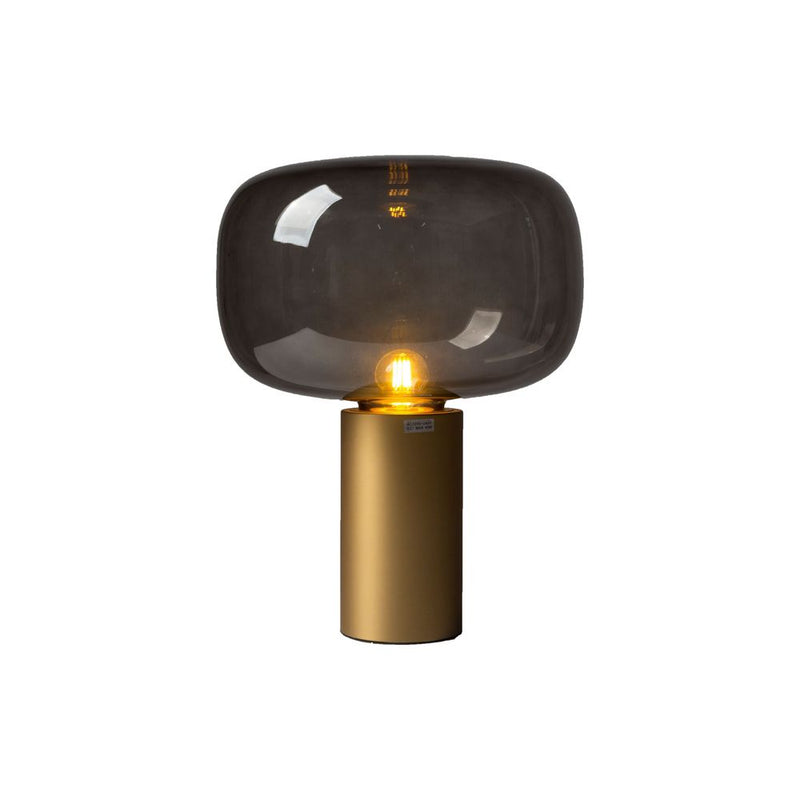 Glow Table Lamp Tall Smoke Glass Matte Brass Frame, shown in smoke gray and matte brass gold with glass and metal.