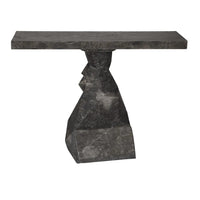 Tilden Console, Black Marble, shown in charcoal gray and black with marble, stone, and a solid single pedestal base.