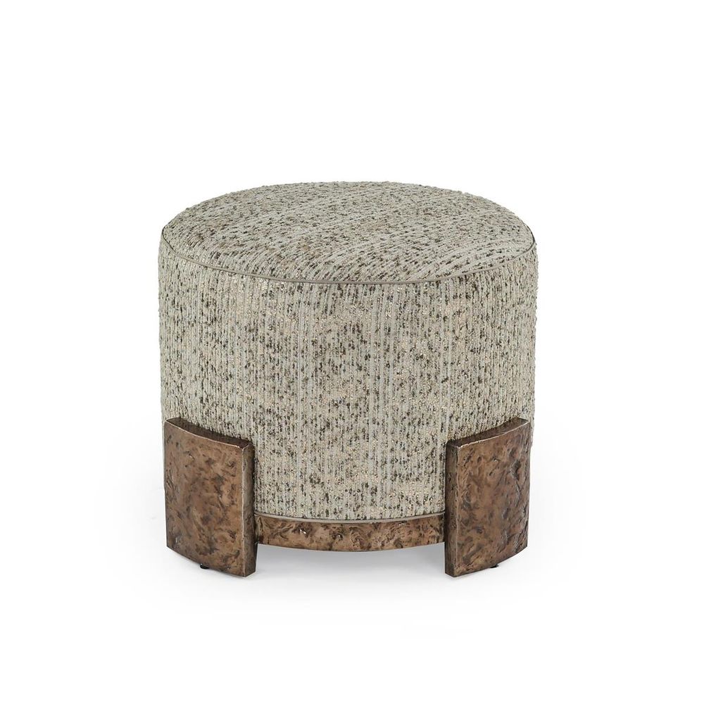 Shimmer Champagne Accent Ottoman, shown in champagne and beige with textured fabric and metal.