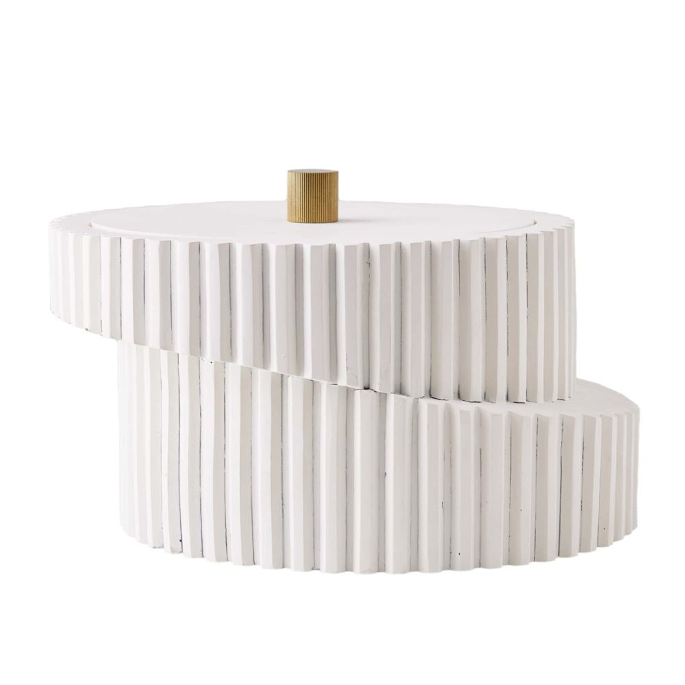 Fiero Short Container, shown in white with wood, metal, and lidded container.
