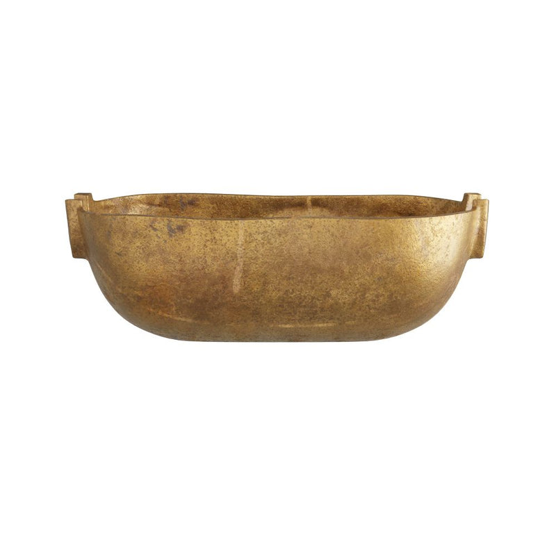 Quorin Centerpiece, shown in gold and antique brass with metal and open shallow vessel for display or arrangement.