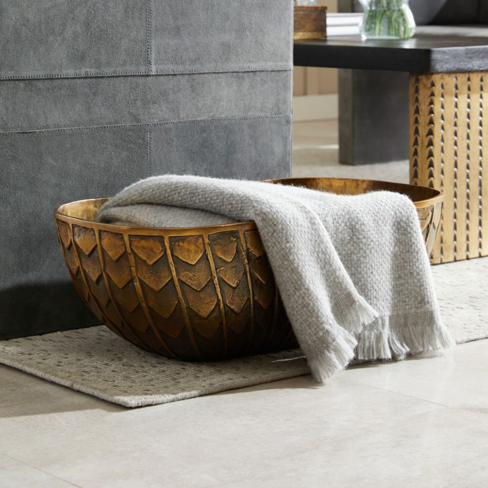 Alternate view of Elijah Centerpiece, featuring antiqued finish, cast metal, brass, and open deep basin.