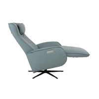 Axel Recliner, shown in soft blue-gray with leather, metal, and power recline mechanism.