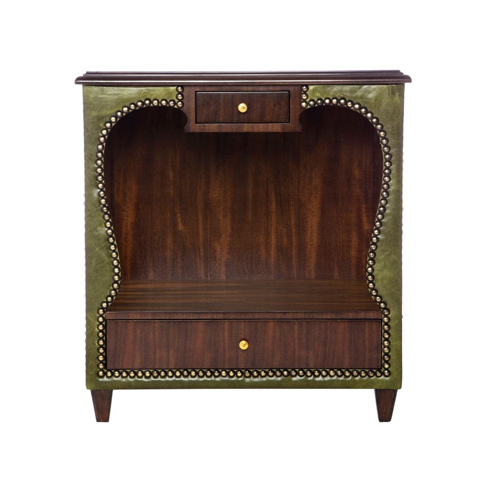 Additional view of Catrine Nightstand in dark walnut brown and espresso, featuring polished grain and upper small drawer.