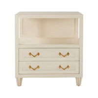 Regina Nightstand, shown in ivory and cream with wood, metal, and open upper shelf niche.