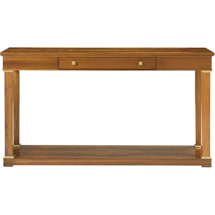 Alternate view of Garth Console Table, featuring wood, brass, and center drawer with dual knobs.