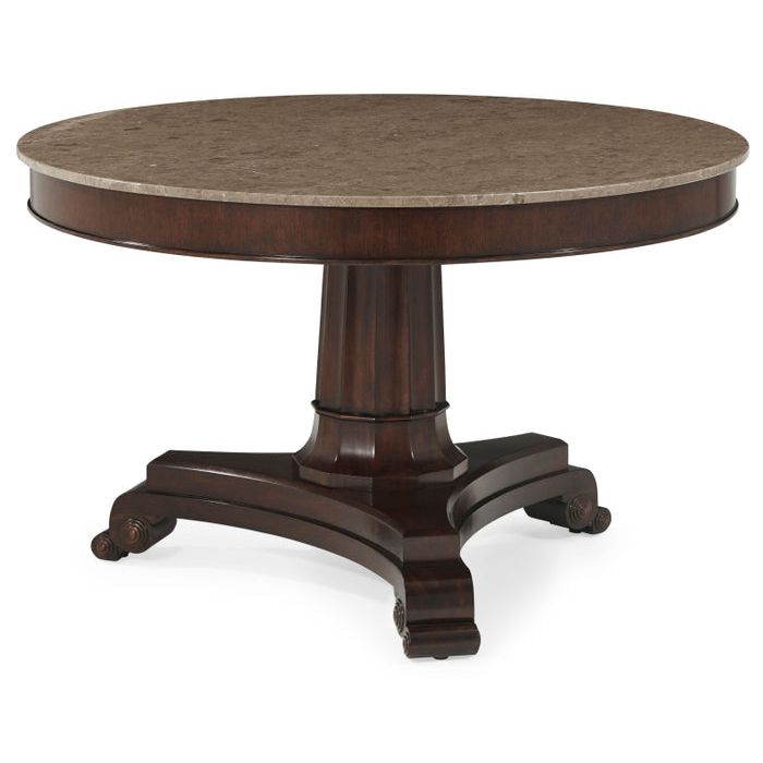 Sutton Dining Table, shown in dark mahogany brown and taupe with hardwood, marble, and fixed round non-extension top.