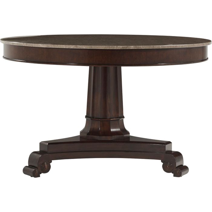Alternate view of Sutton Dining Table, featuring polished wood finish, hardwood, marble, and fixed round non-extension top.