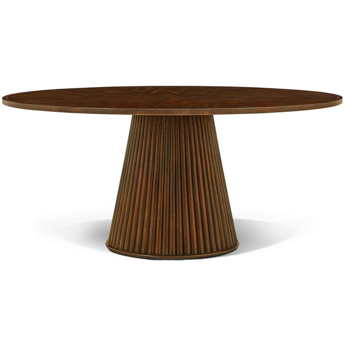 Louise Dining Table, shown in dark brown and walnut brown with wood, wood veneer, and a single pedestal base.