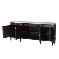 Additional view of Hamilton Sideboard in dark brown and white, featuring gilt metal finish and four upper drawers.