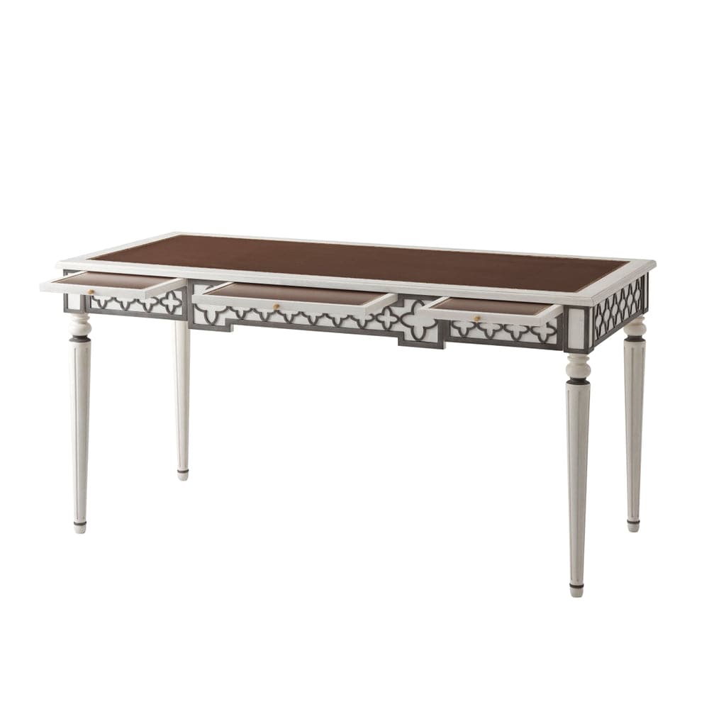 Alternate view of Mirabella Writing Table, featuring painted finish, wood, leather, and a integrated leather writing surface.