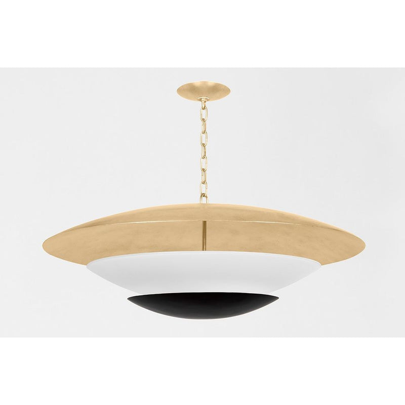 Alternate view of Adara Chandelier, featuring soft black finish, metal, gold leaf, and chain suspension.