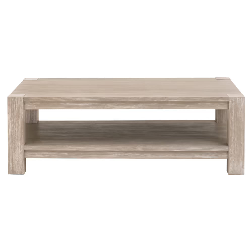 Adler Coffee Table, shown in light taupe and warm beige with wood and open lower storage shelf.