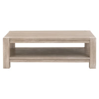 Adler Coffee Table, shown in light taupe and warm beige with wood and open lower storage shelf.