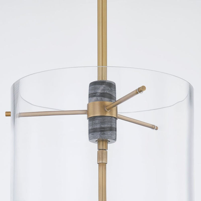 Alternate view of Adonis Lantern, featuring polished stone finish, brass, clear glass, and ceiling-hung pendant rod.