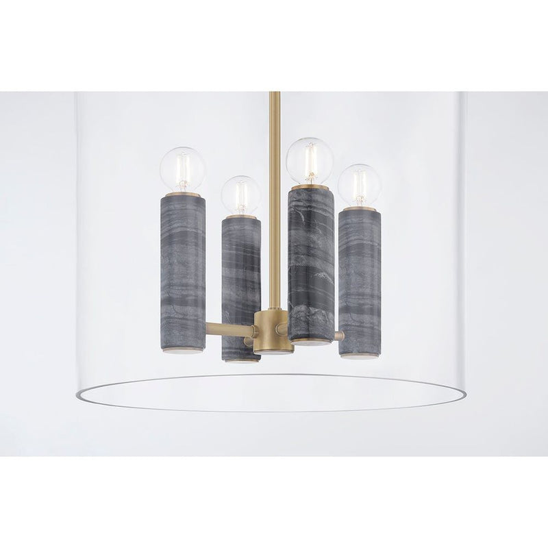 Alternate view of Adonis Lantern, featuring polished stone finish, glass, brass, and ceiling-hung pendant stem.
