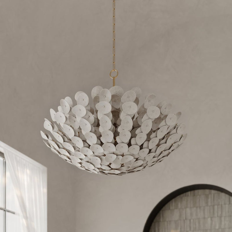 Alternate view of Aimi Chandelier, featuring matte textured finish, metal, composite discs, and a ceiling-mounted canopy.