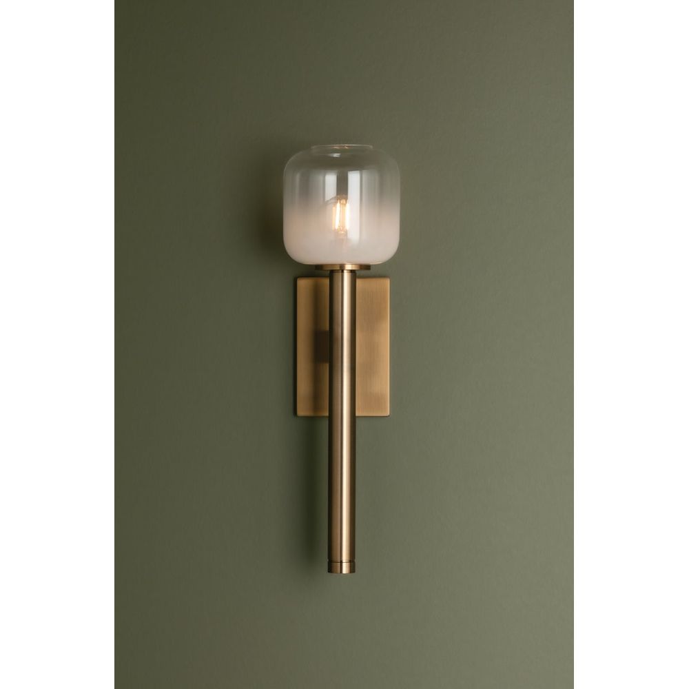Additional view of Axton Wall Sconce in brass and clear, featuring brushed metal finish and wall-mounting hardware.
