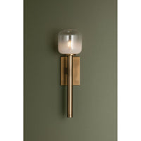 Additional view of Axton Wall Sconce in brass and clear, featuring brushed metal finish and wall-mounting hardware.