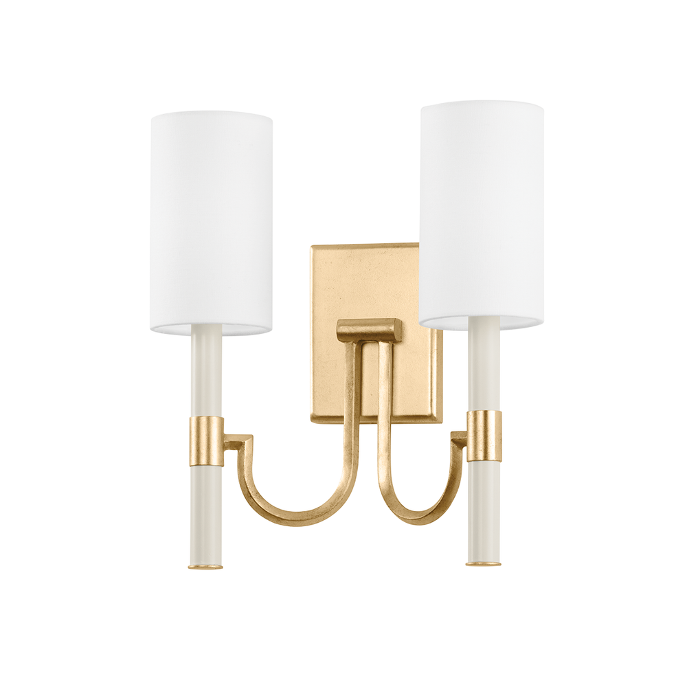 Gustine Wall Sconce, shown in vintage gold and white with metal, fabric, and a wall-mounting backplate.