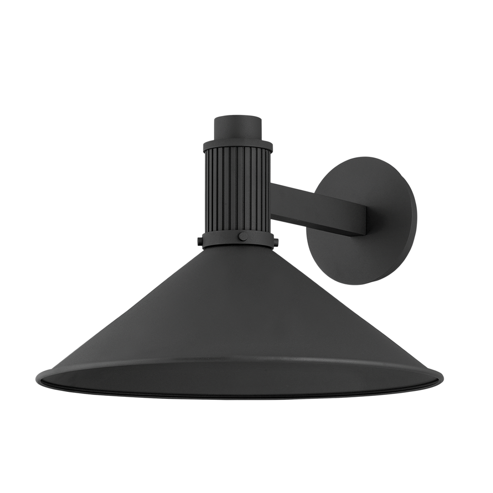 Elani Exterior Wall Sconce, shown in black with metal and a wall-mounting canopy.