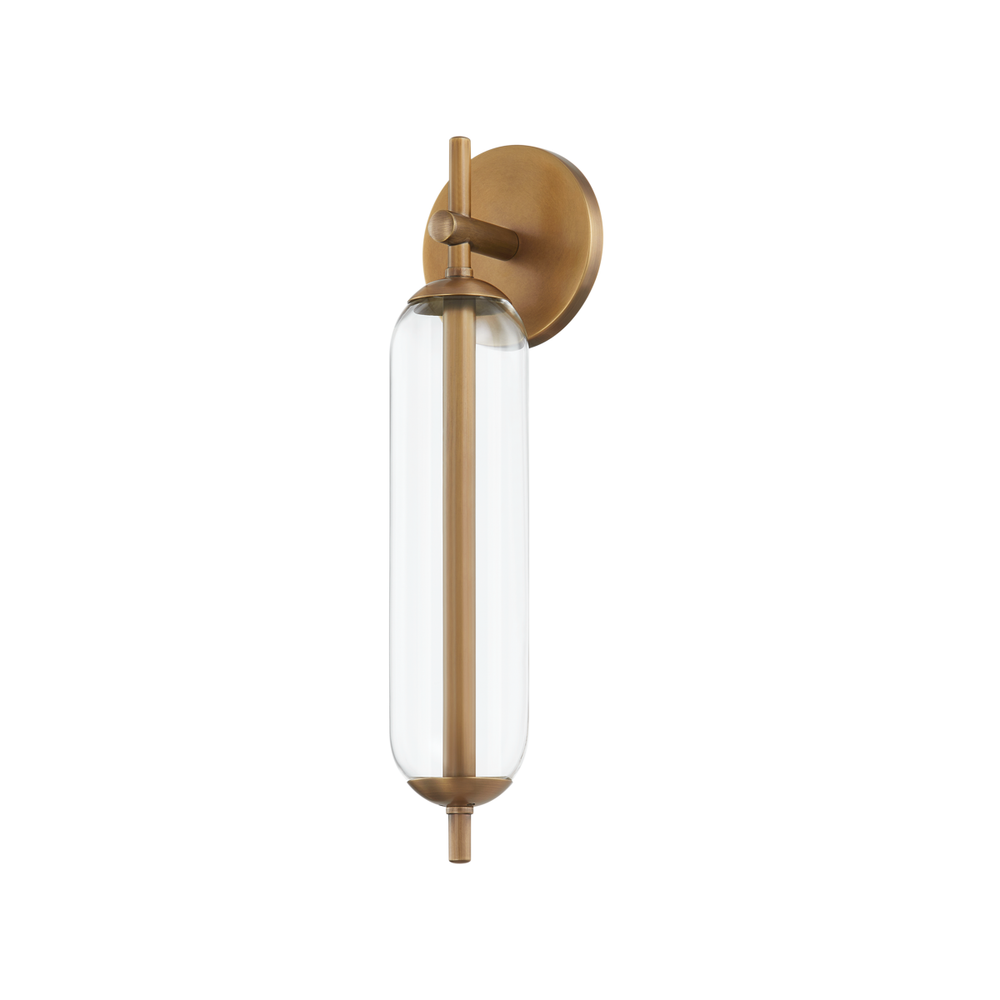 Blaze Exterior Wall Sconce, shown in patina brass and clear transparent with brass and glass.