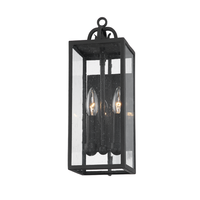 Caiden Wall Sconce, shown in black with forged iron, seeded glass, and a wall-mounting backplate.