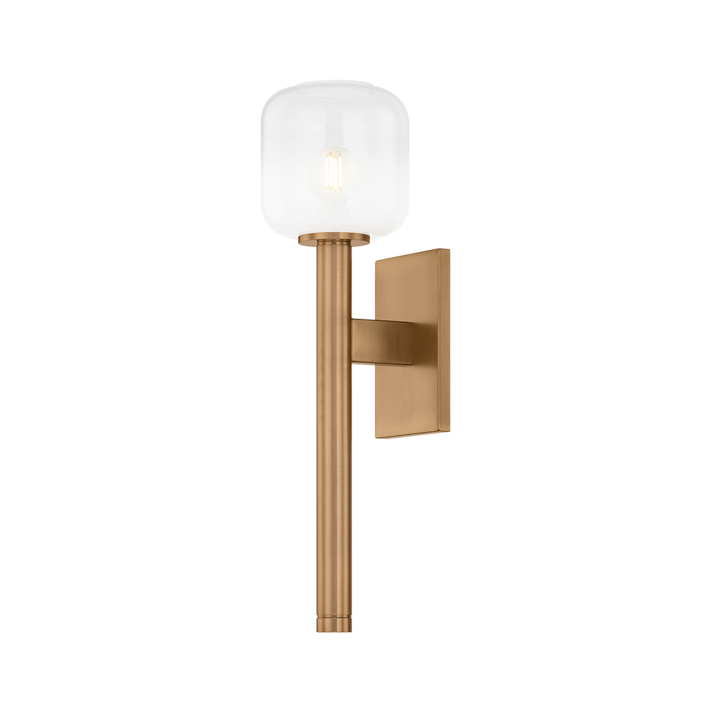 Axton Wall Sconce, shown in brass and clear with brass, glass, and wall-mounting hardware.