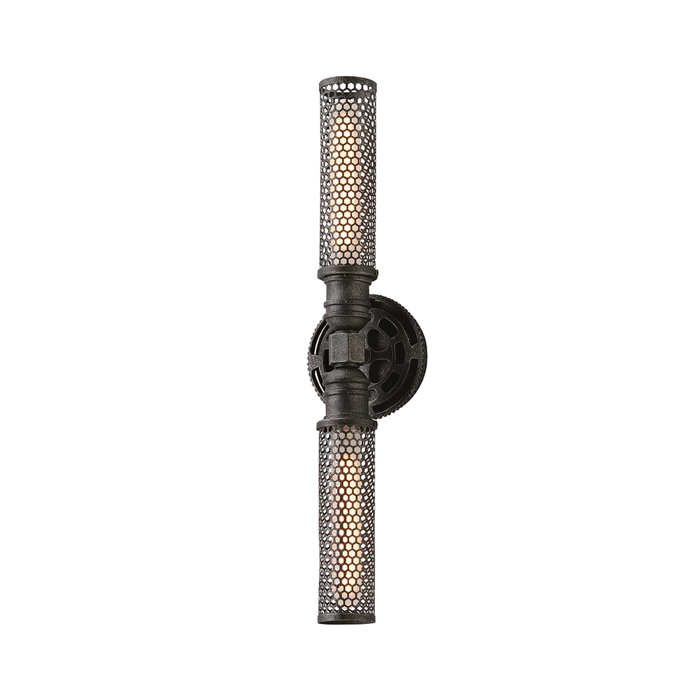 Atlas Wall Sconce, shown in aged pewter and dark gray with metal, mesh metal, and wall-mounting hardware.